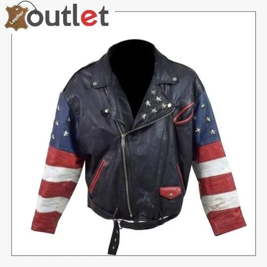 Vintage 80s USA Flag Brando Stars Studded Bomber Leather Jacket