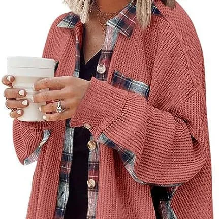 Waffle Patchwork Shirt Jackets Cardigan Wholesale Womens Clothing N3823100900003