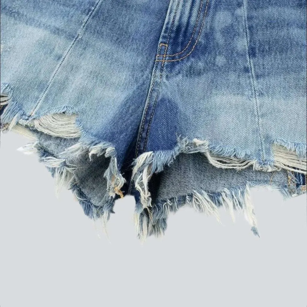 Wide-leg distressed denim shorts