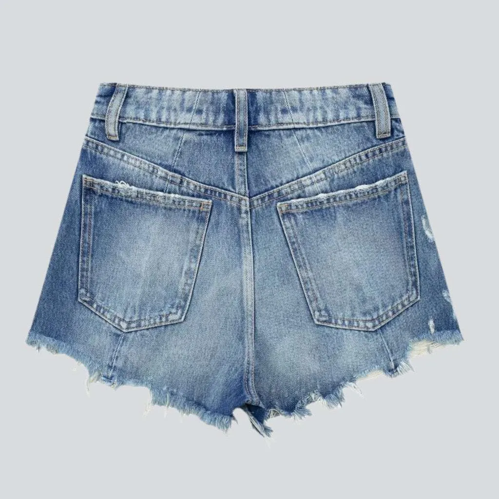 Wide-leg distressed denim shorts