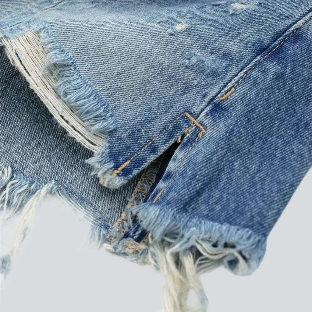 Wide-leg distressed denim shorts