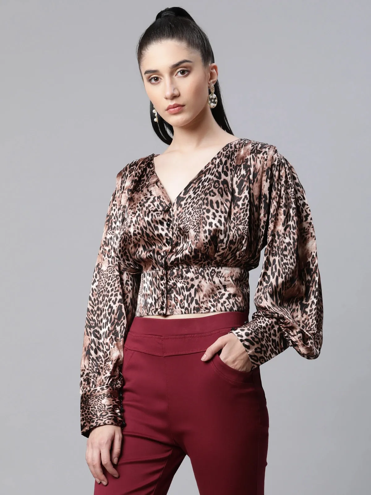 Women Animal Printed Brown Fitted Party Blouson Top