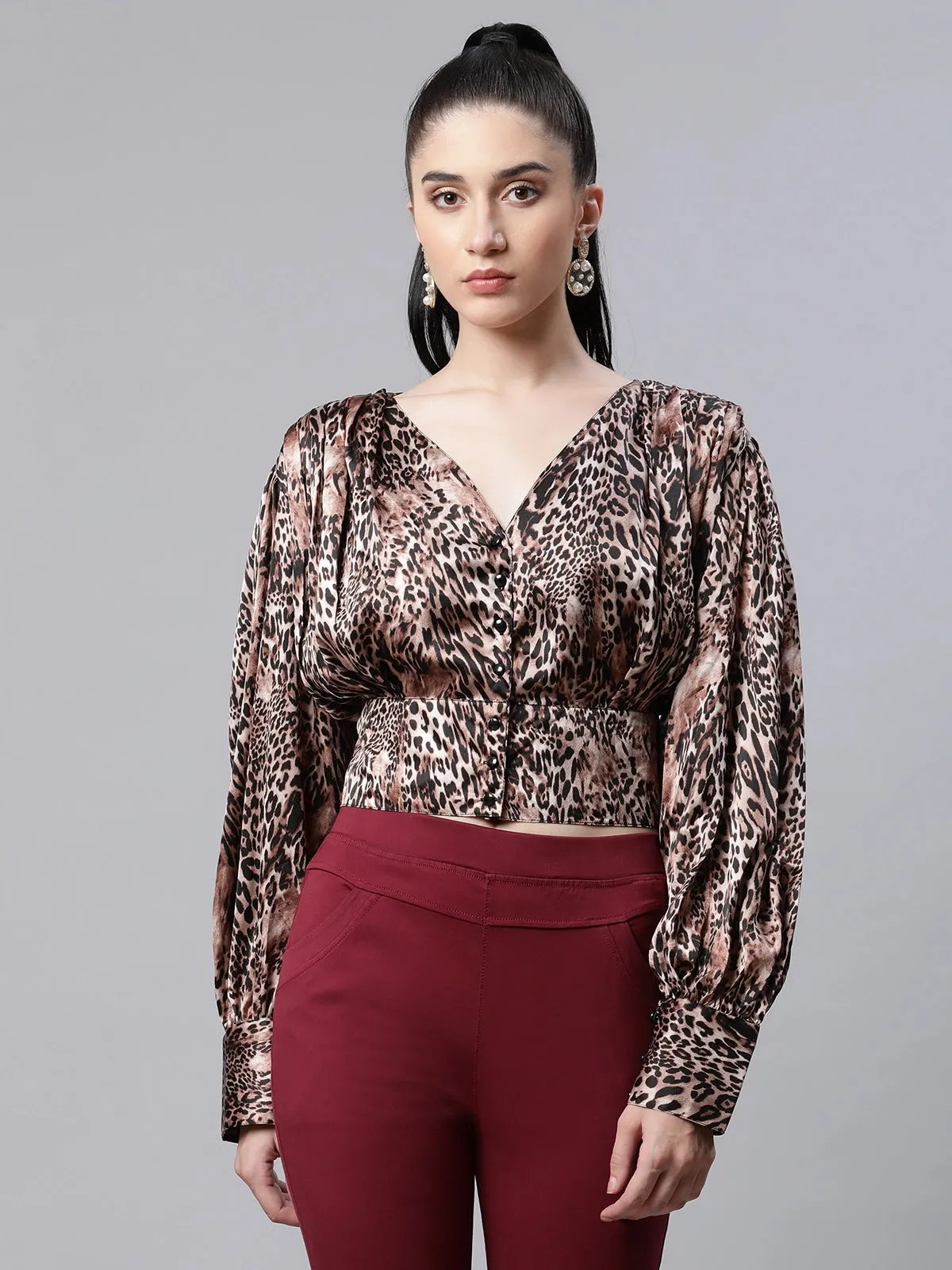 Women Animal Printed Brown Fitted Party Blouson Top