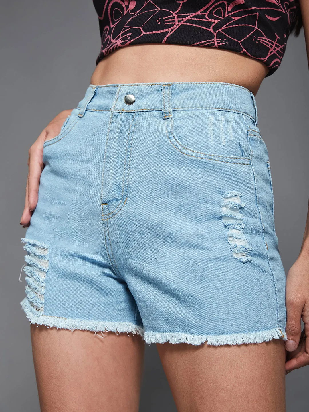 Women's Blue Relaxed Mid Rise High Distress Non Stretchable Denim Shorts