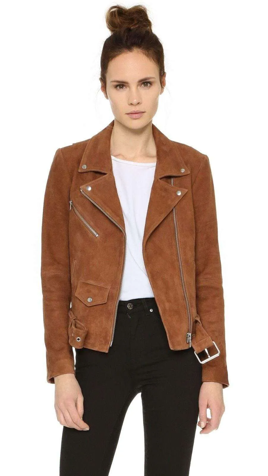 Women's Brown Suede Leather Jacket Slim Fit Motorcycle Jacket