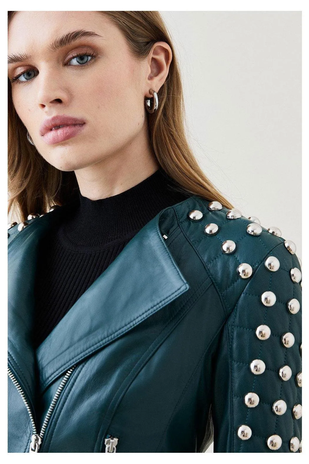 Women's Chocolate Green Style Silver Spiked Studded Retro Motorcycle Leather Jacket