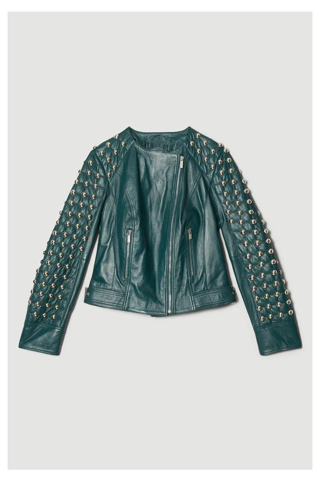 Women's Chocolate Green Style Silver Spiked Studded Retro Motorcycle Leather Jacket