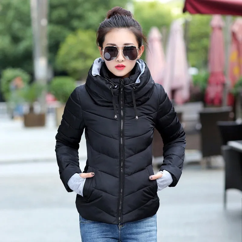 Women's Parkas Thicken Outerwear Solid hooded Coats Short Slim Cotton Padded Jacket