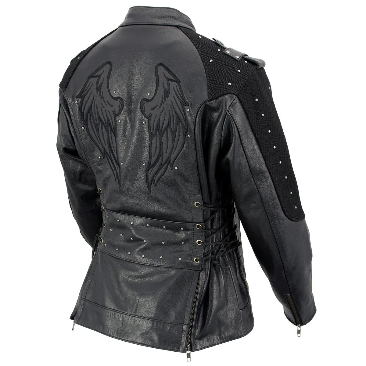 Xelement Women's Scuba Black Leather Motorcycle Biker Jacket with Reflective Wings and Studs XS22001