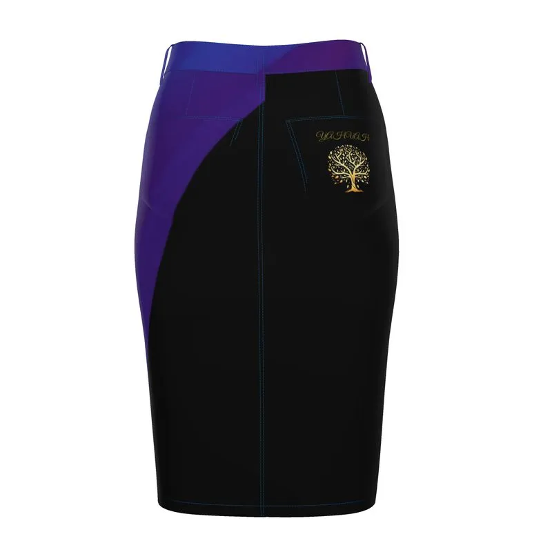 Yahuah-Tree of Life 01 Royal Designer Denim Midi Skirt