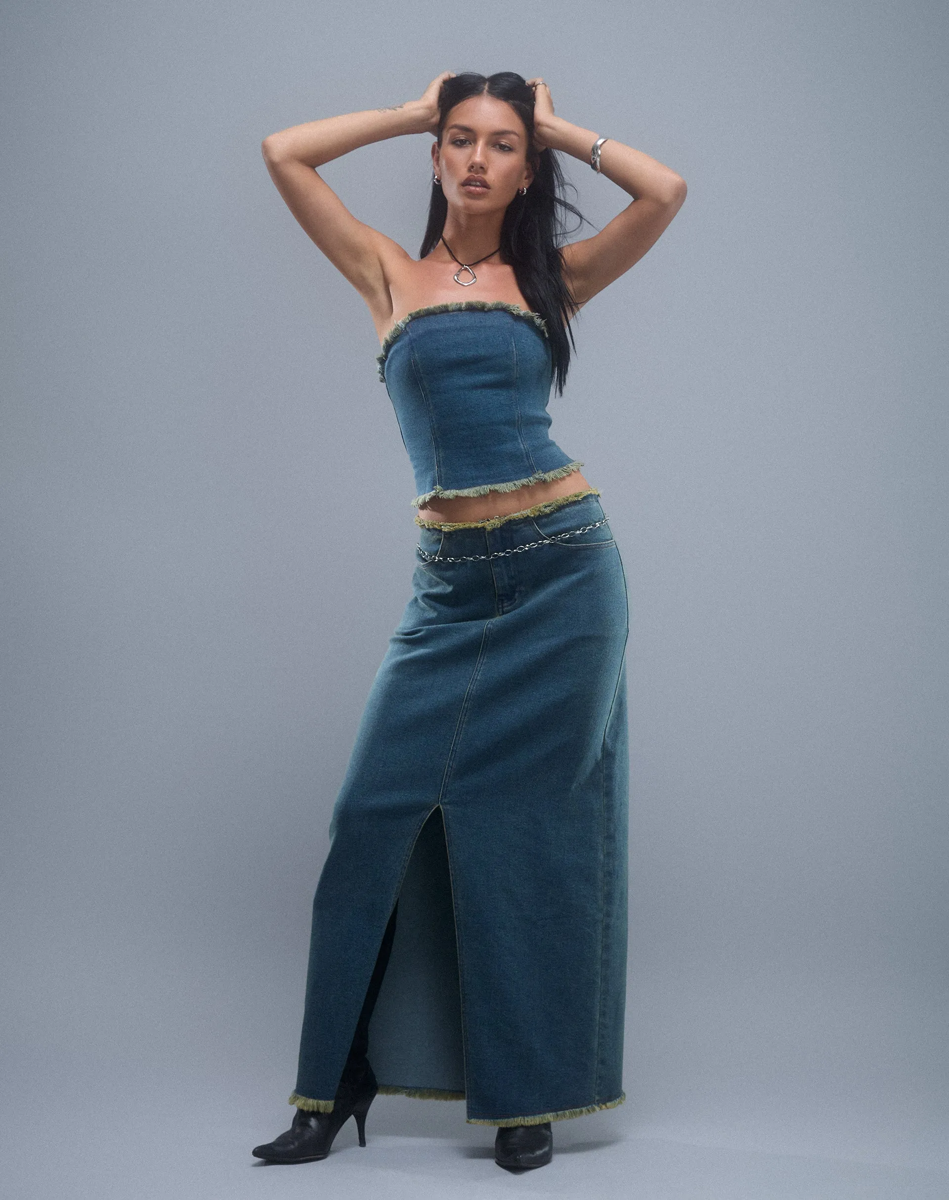 Zaenap Frayed Denim Maxi Skirt in Brown Blue Acid