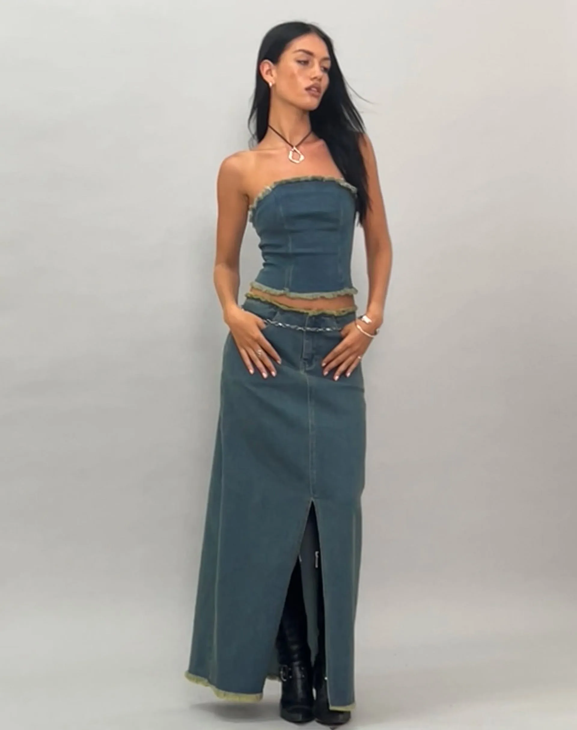 Zaenap Frayed Denim Maxi Skirt in Brown Blue Acid