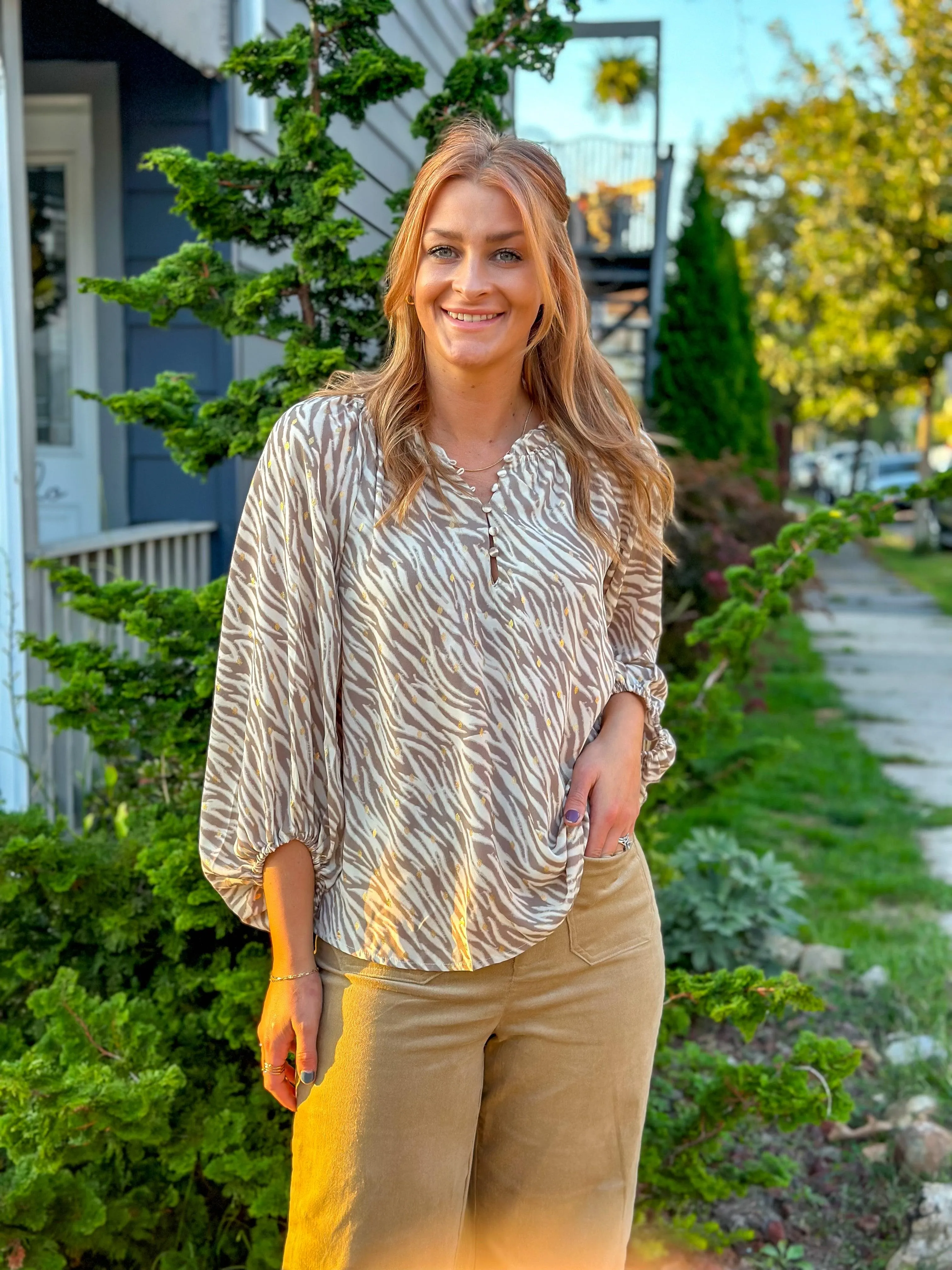 Zebra Gold Speckled Pucker Sleeve Blouse Top